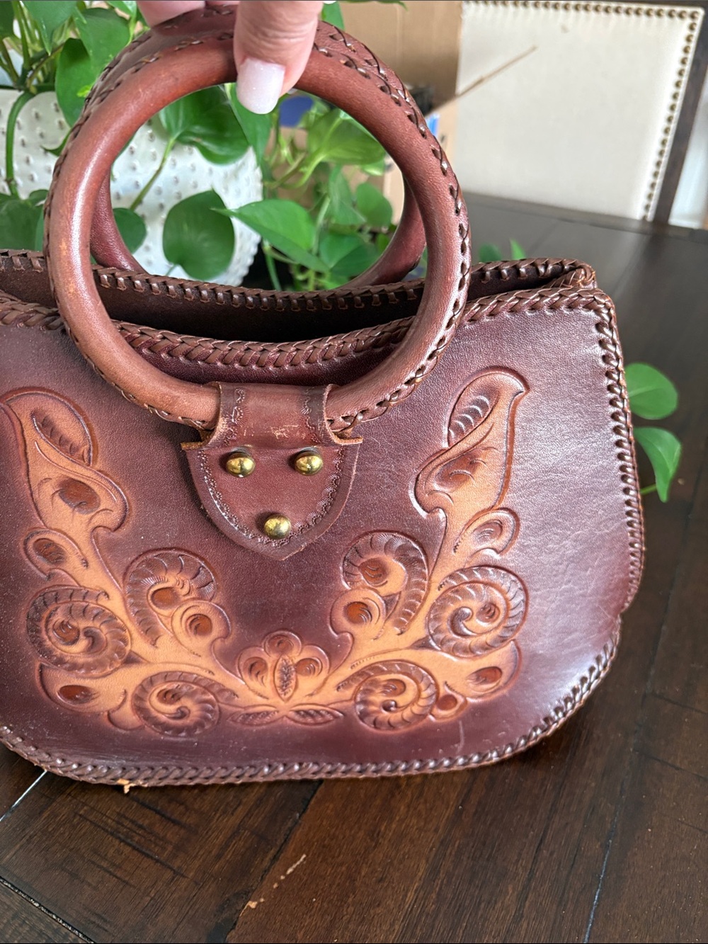 Vintage Cliftons Hand-Tooled Leather Top-Handle Bag in Brown